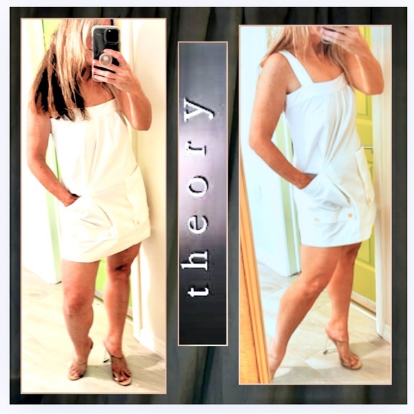 Theory, Addy Dress,White Mini Dress w/Button-Attached Front Pockets,EUC,Size 4 - Picture 2 of 9